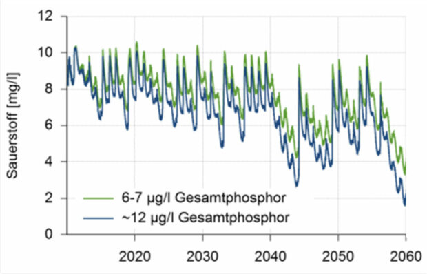 Abbildung 2: Simulationsergebnisse für die Sauerstoffkonzentrationen in 250 m Tiefe (etwa 1 m über Grund) in der Seemitte des Bodensee-Obersees bei gleichbleibenden (6-7 Mikrogramm pro Liter, grün) und erhöhten (12 Mikrogramm pro liter, blau) Gesamtphosphor-Konzentrationen. Es wurde eine Temperaturanstieg von 3 °C bis 2060 angenommen.