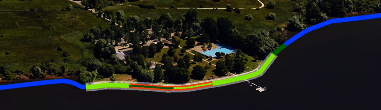 Bildausschnitt über durchgeführte Renaturierungen im Bereich Eriskircher Strandbad (hellgrau) mit Gesamtbewertung und Renaturierungspotenziale in Google Earth.