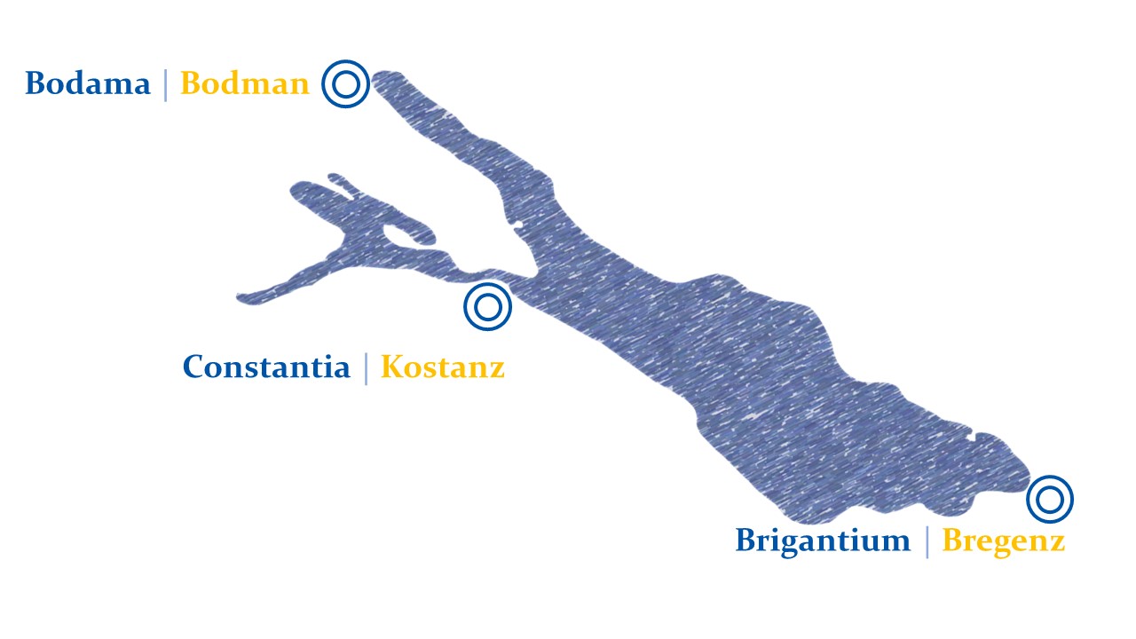 Karte des Bodensees mit den namensgebenden Orten, Bodman, Konstanz und Bregenz